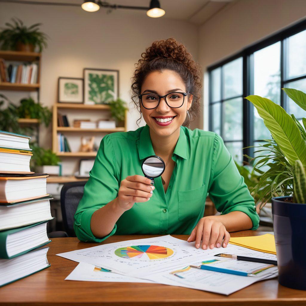 A whimsical scene of a friendly investigator with a magnifying glass, cheerfully searching through colorful files, while charming candidates in a cozy office filled with plants and warm lighting. Include diverse candidates smiling and engaging in conversation, with charts and characteristics of employment verification subtly displayed in the background. Illustrate a sense of positivity and professionalism. vibrant colors. illustration. cheerful style.